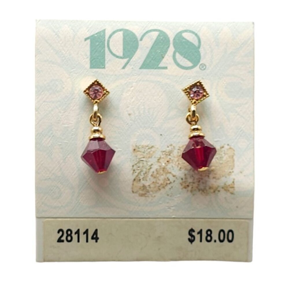 1929 Collection Red Glass Crystal Dangle Drop Earring Gold Tone Vintage NOS